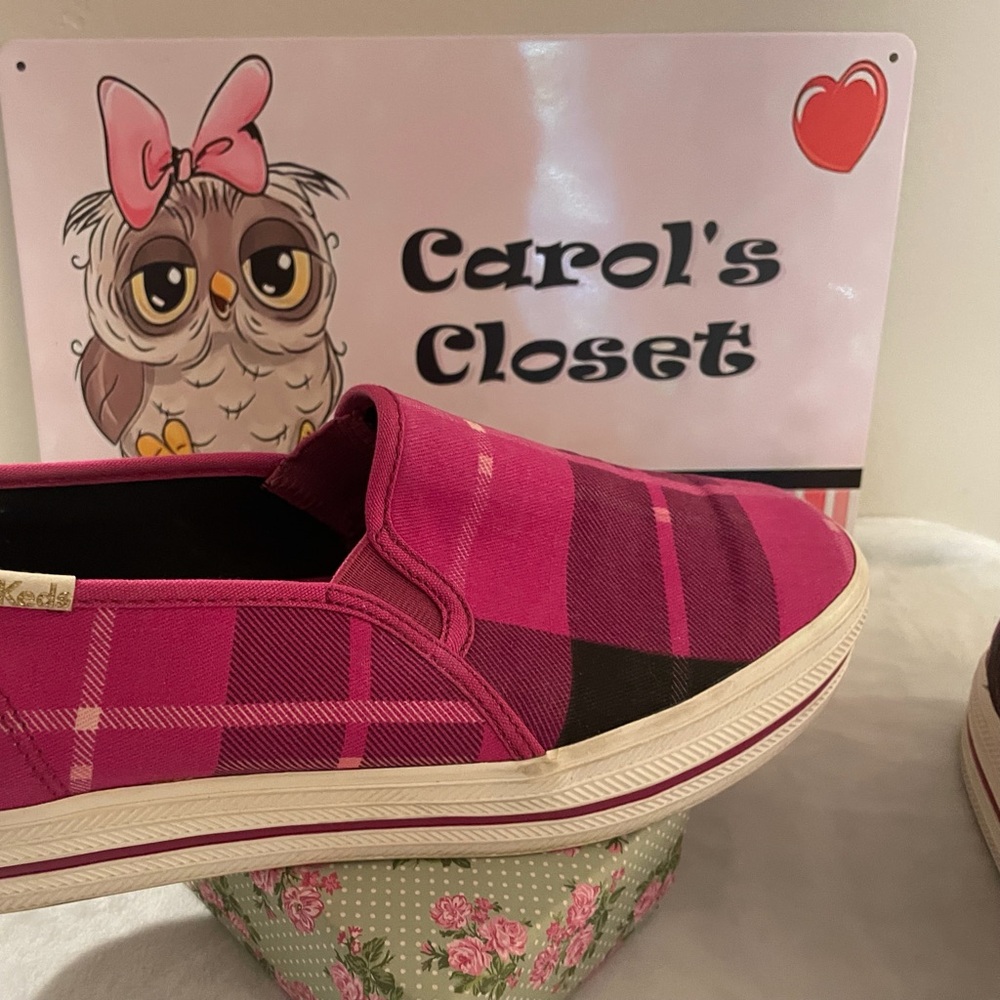 Keds Womens Kate Spade Hot Pink Plaid Slip-On Sneakers